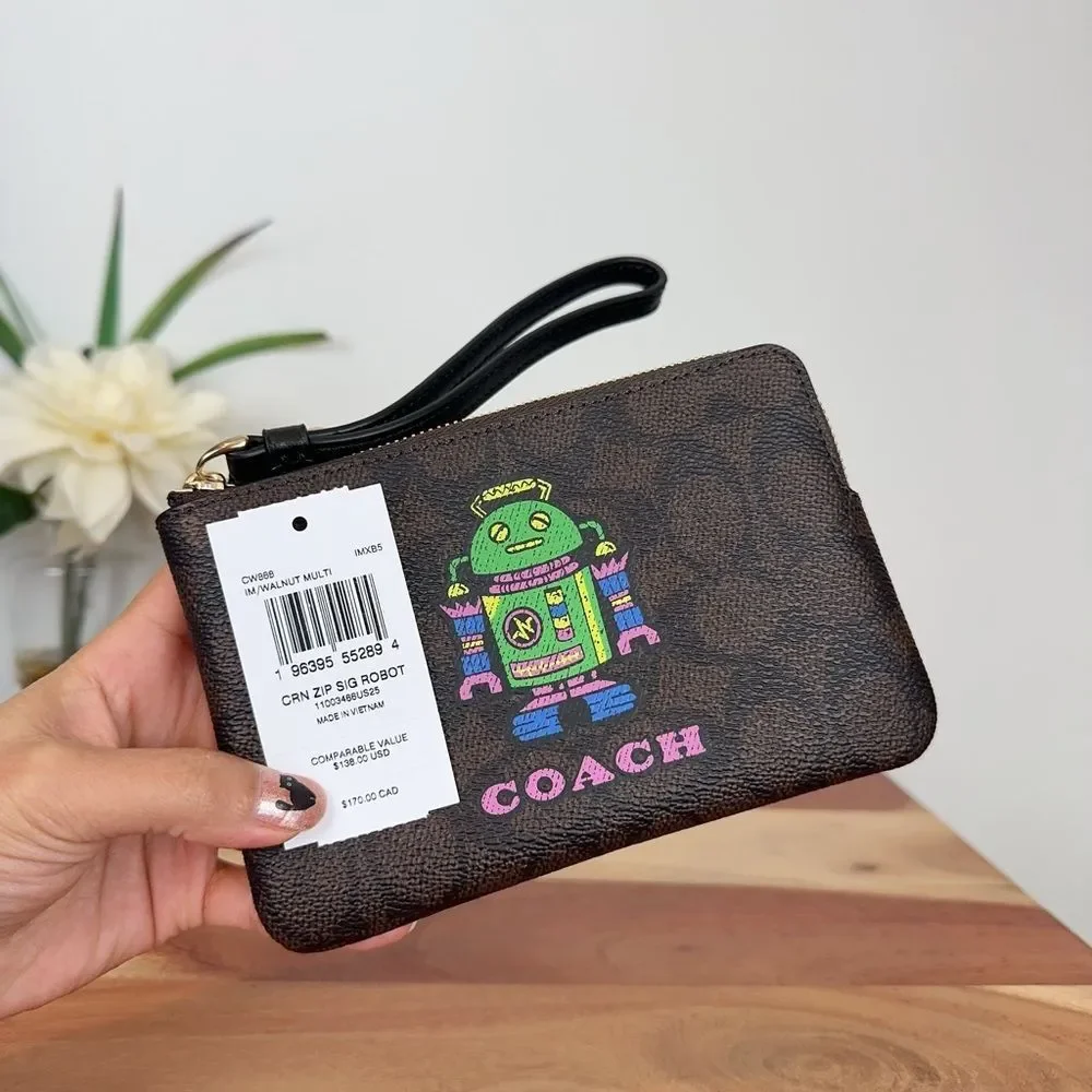 NWT Coach Cosmic Coach Corner‎ Zip Wristlet In Signature Canvas With Robot Print - Picture 5 of 6